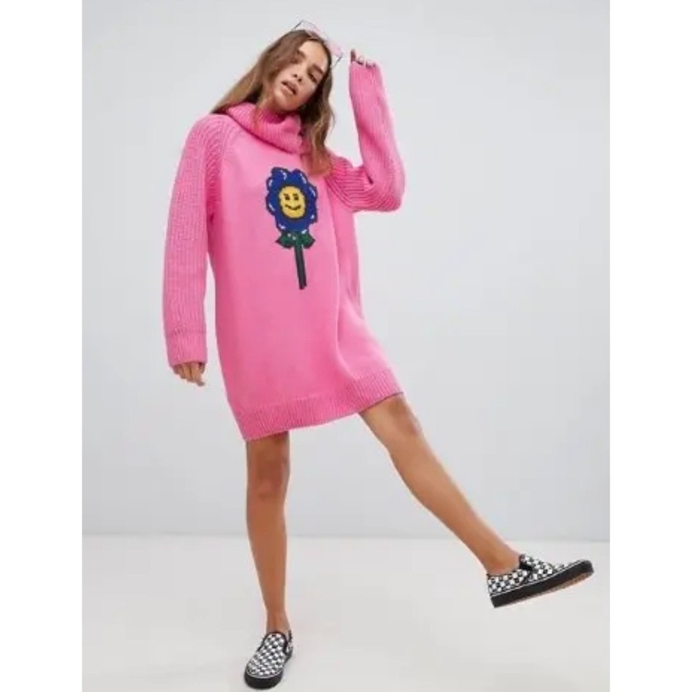 Lazy Oaf Pink Knit Oversized Sweater Smiley Flower Embroidery Turtleneck S